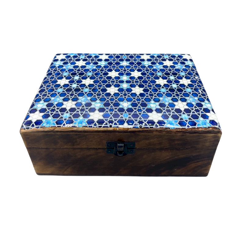 Veľká Drevená Krabička s Keramickou Glazúrou - 20x15x7.5cm - Modré Hvi