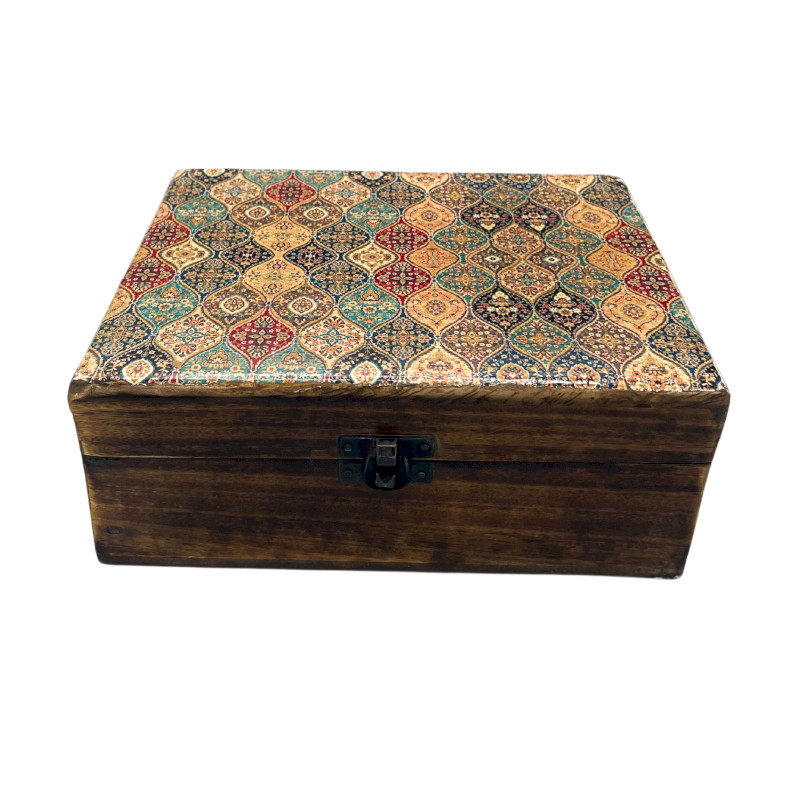 Veľká Drevená Krabička s Keramickou Glazúrou - 20x15x7.5cm - Orientáln