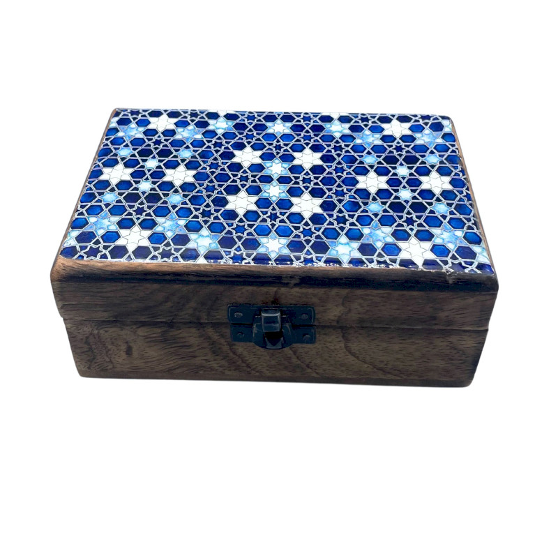 Stredná Drevená Krabička s Keramickou Glazúrou - 15x10x6cm - Modré Hvi