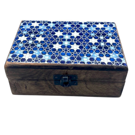 Stredná Drevená Krabička s Keramickou Glazúrou - 15x10x6cm - Modré Hvi