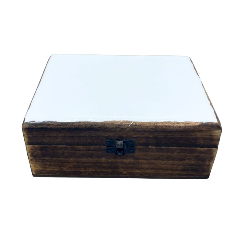 Veľká Drevená Krabička s Keramickou Glazúrou - 20x15x7.5cm - Biela