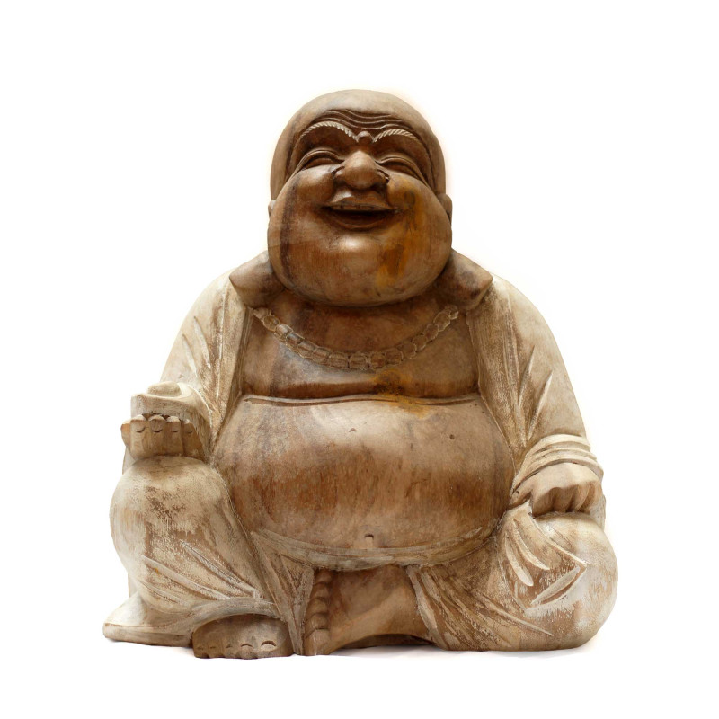Ručne Vyrezávaná Socha Budhu - 30cm Šťastný - Biela Vymývaná - Poškode