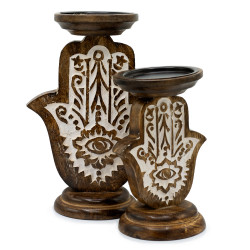 Stojan na Sviečku z Mangového Dreva - Hamsa - Malý 18x11cm