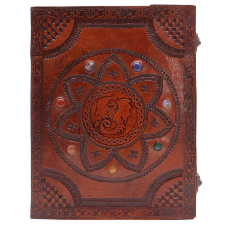 Extra Veľký Koženný Zápisník - Čakrové Kamene Drak Mandala 100 strán -