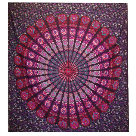 Dvojitá Bavlnená Prikrývka + Záves na Stenu - Peacock Mandala - Fialov