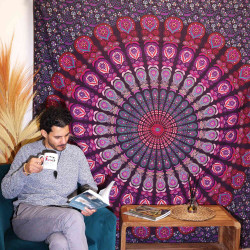 Dvojitá Bavlnená Prikrývka + Záves na Stenu - Peacock Mandala - Fialov