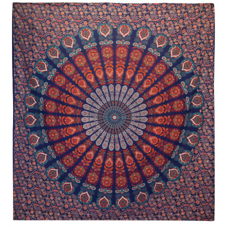 Dvojitá Bavlnená Prikrývka + Záves na Stenu - Peacock Mandala - Modrá