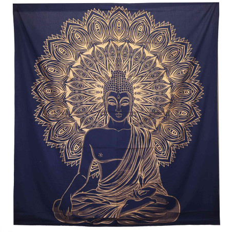 Dvojitá Bavlnená Prikrývka + Záves na Stenu - Budha - Modrá Zlatá