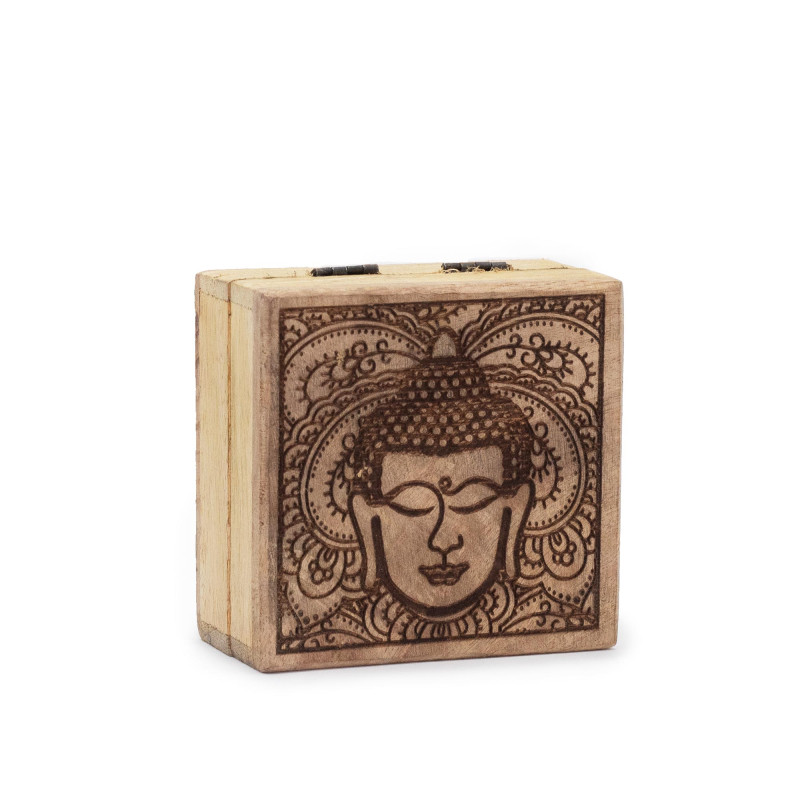 Malá Štvorcová Krabička 10x10x4,2cm - Tvár Budhu Čierne Gravírovanie