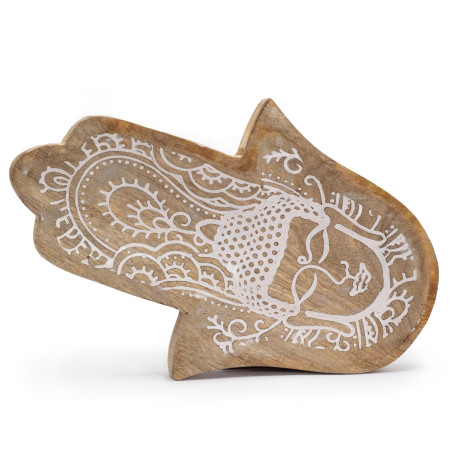 Dlhá Tácka 30x20.5x2.5cm - Tvar Hamsa s Budhom Biela Vymývaná