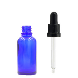 255x 5ml Modrá Sklenená Fľaška s Kvapkadlom s Čiernou T/E Pipetou