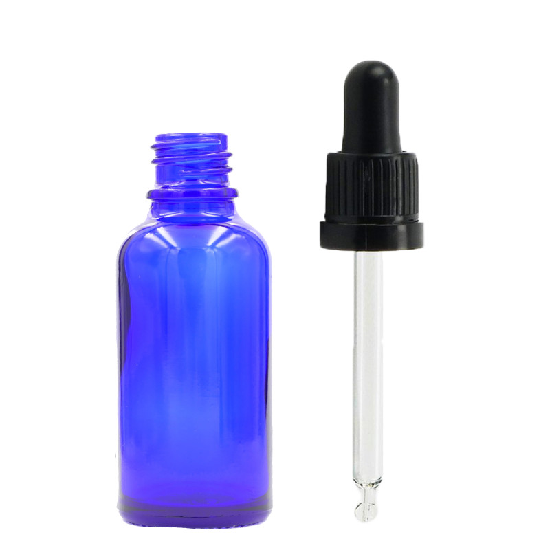 156x 15ml Modrá Sklenená Fľaška s Kvapkadlom s Čiernou T/E Pipetou