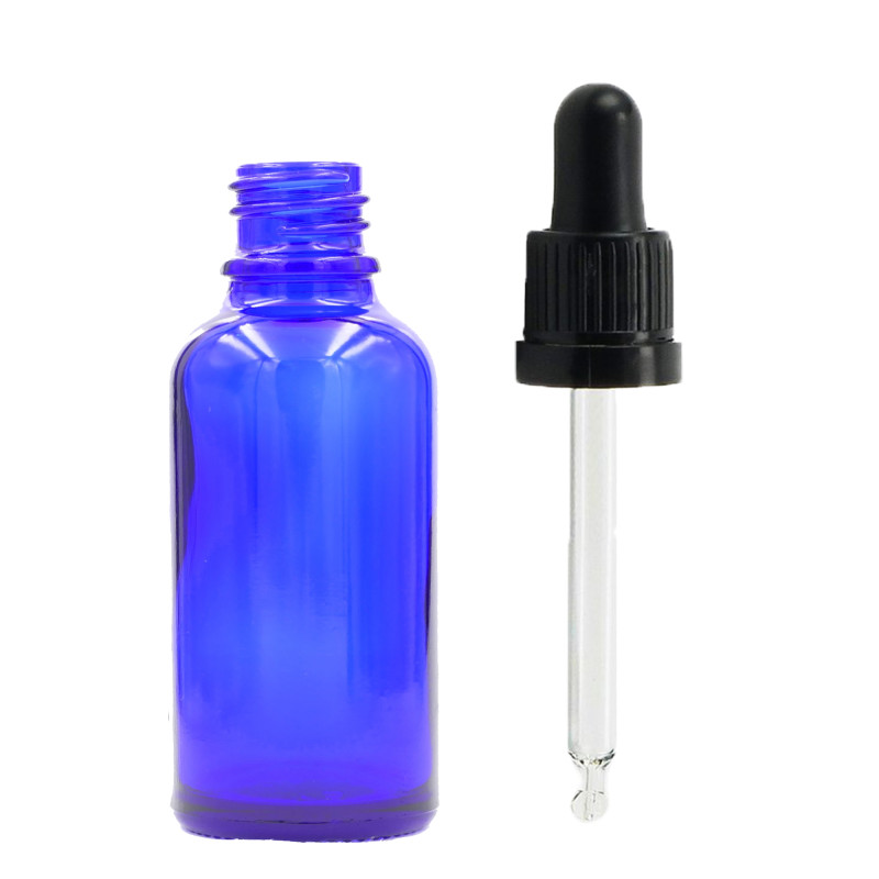110x 30ml Modrá Sklenená Fľaška s Kvapkadlom s Čiernou T/E Pipetou