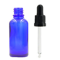 88x 50ml Modrá Sklenená Fľaška s Kvapkadlom s Čiernou T/E Pipetou