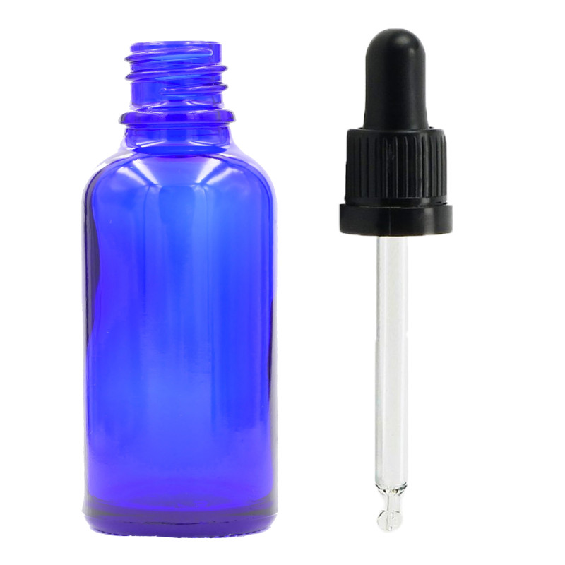 70x 100ml Modrá Sklenená Fľaška s Kvapkadlom s Čiernou T/E Pipetou