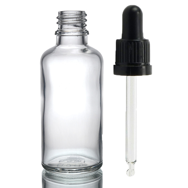 88x 50ml Číra Sklenená Fľaška s Kvapkadlom s Čiernou T/E Pipetou