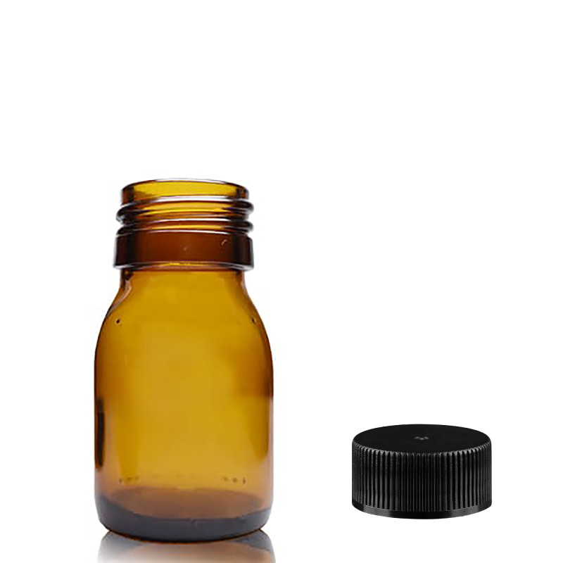 110x 30 ml Fľaška z Jantárového Skla s Čiernym Plastovým Uzáverom