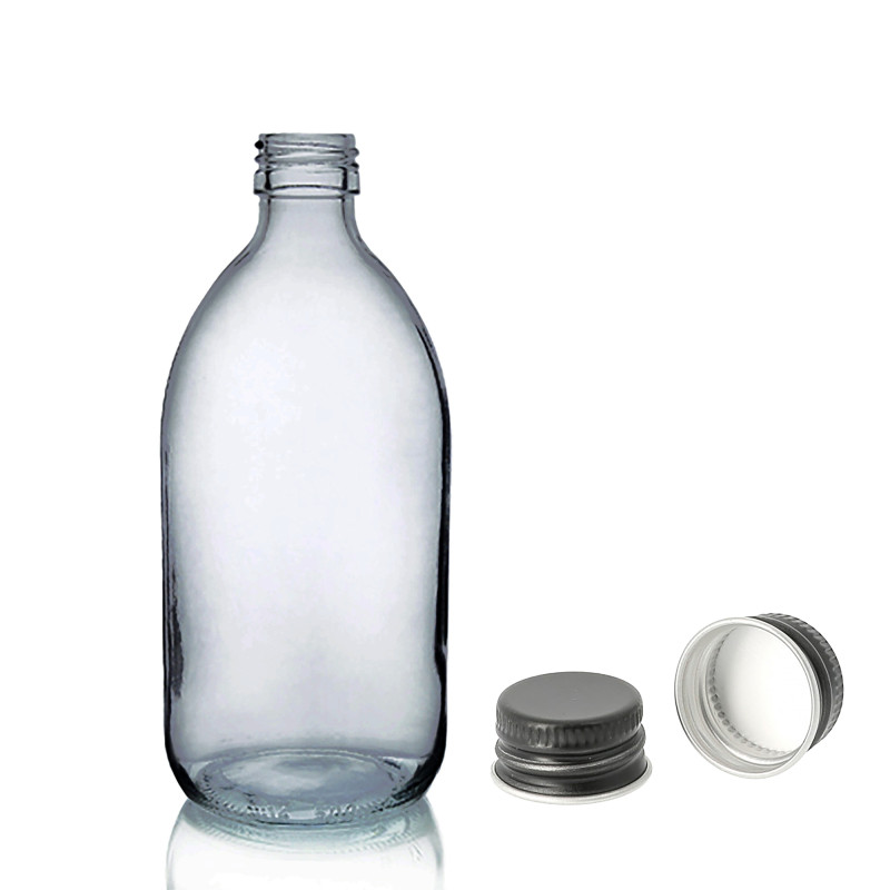 48x 250 ml Lieková Fľaška z Dymového Sivého Skla s Hliníkovým Čiernym 