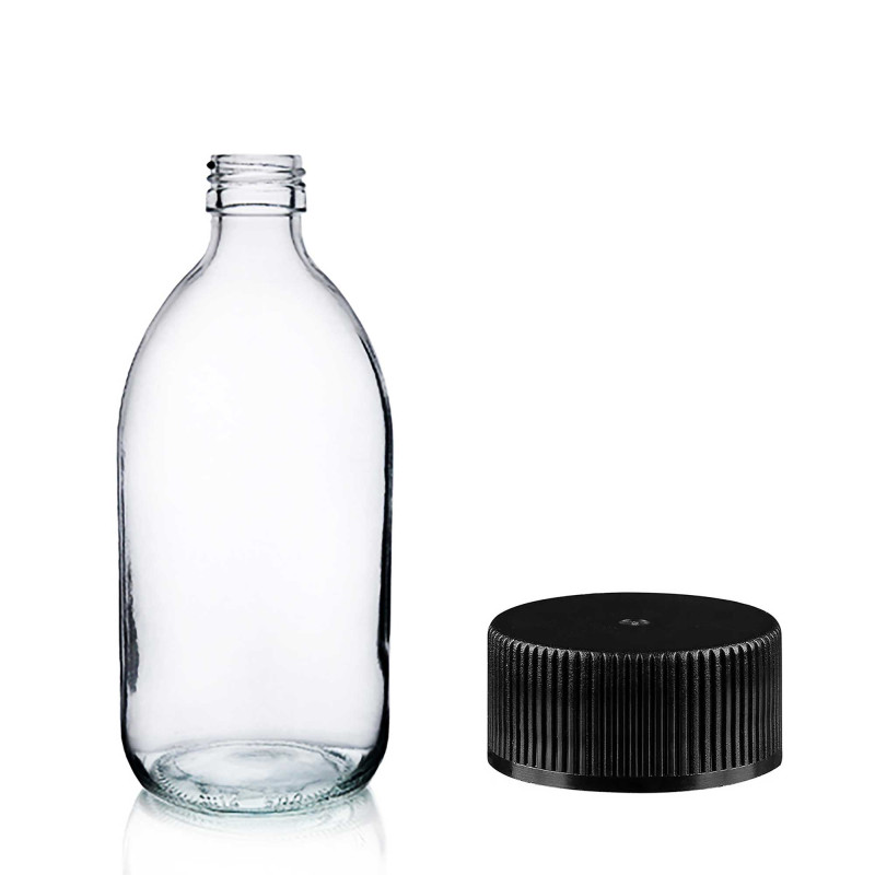 42x 150ml Lieková Fľaška z Číreho Skla s Čiernym Plastovým Uzáverom