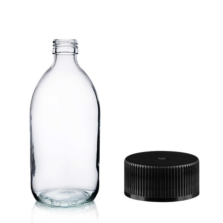 42x 150ml Lieková Fľaška z Číreho Skla s Čiernym Plastovým Uzáverom