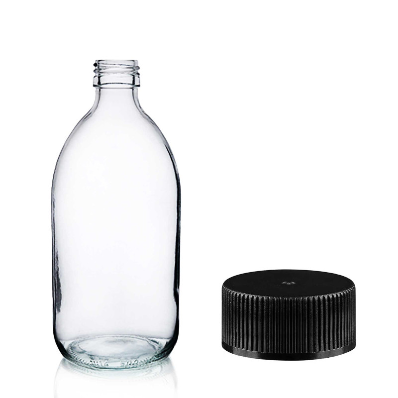 36x 200ml Lieková Fľaška z Číreho Skla s Čiernym Plastovým Uzáverom