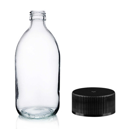 30x 500ml Lieková Fľaška z Číreho Skla s Čiernym Plastovým Uzáverom