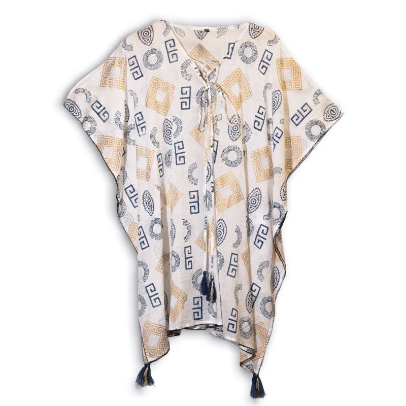 Nomád Sari - Kaftan - Zlatý a Modrý Grécky Motív - Ručne Maľovaný
