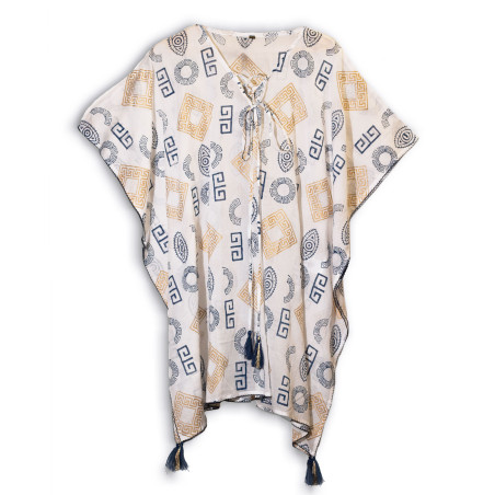 Nomád Sari - Kaftan - Zlatý a Modrý Grécky Motív - Ručne Maľovaný