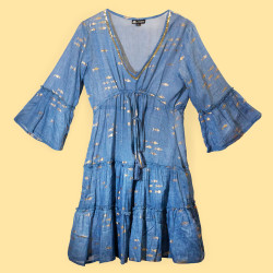 Ručne Maľované Šaty Nomad Sari s Morskou Modrou a Zlatou Rybkou L/XL