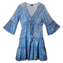 Ručne Maľované Šaty Nomad Sari s Morskou Modrou a Zlatou Rybkou L/XL