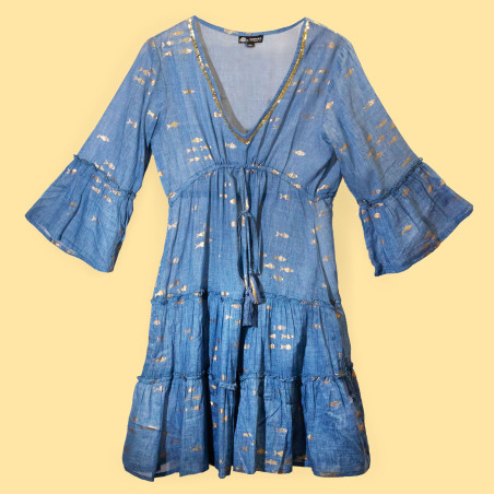 Ručne Maľované Šaty Nomad Sari s Morskou Modrou a Zlatou Rybkou M/L