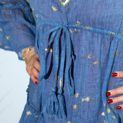 Ručne Maľované Šaty Nomad Sari s Morskou Modrou a Zlatou Rybkou M/L