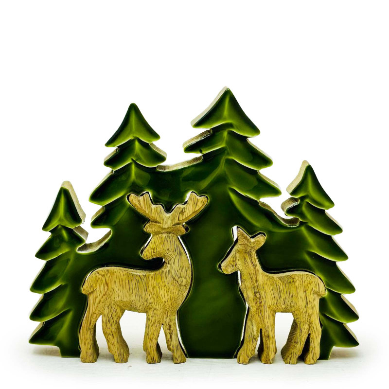 2x Stratený v Lese - Drevená 3D Dekorácia Dva Jelene v Lese - 18x23cm