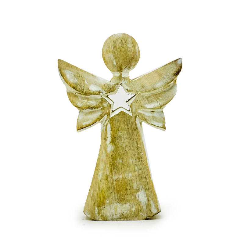 6x Anjel z Mangového Dreva - Biela Vymývaná s Výrezom Hviezdy - 18 cm