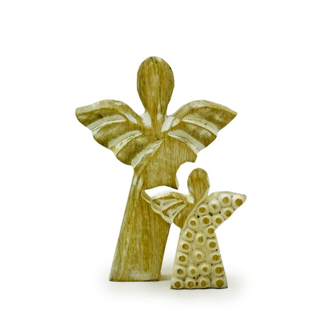 6x Anjel z Mangového Dreva s Malým Anjelom - Biela Vymývaná - 15 cm