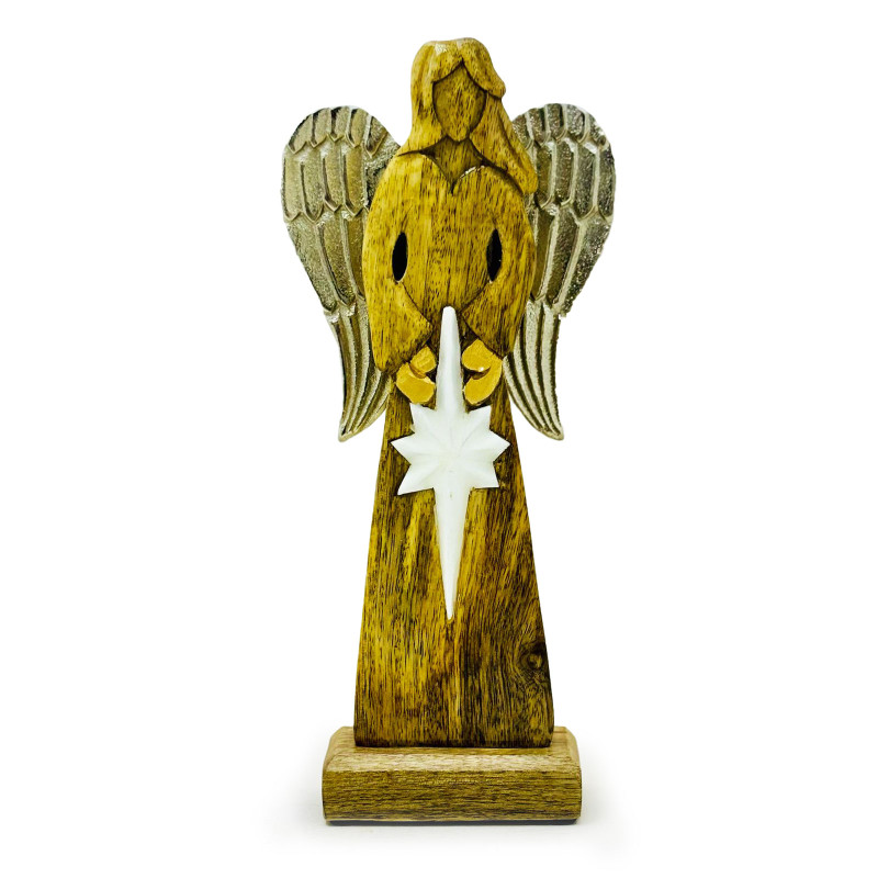 2x Veľký Anjel Mieru z Mangového Dreva s Kovovými Krídlami a Smaltovan