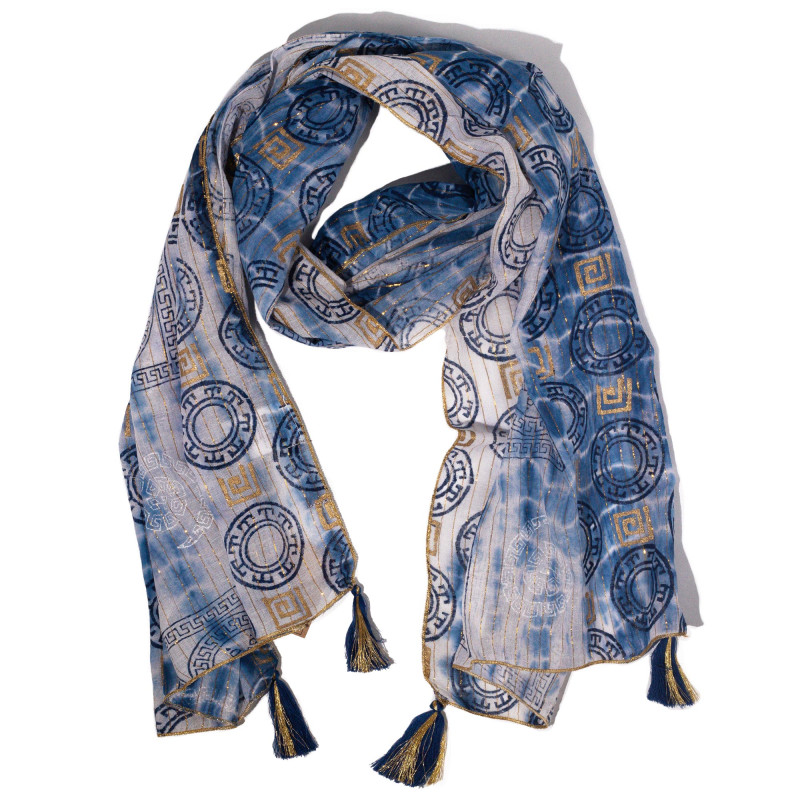 Nomad Sari - Letná Šatka - 180x50cm - Potlač Marbella - Modrá so Zlatý
