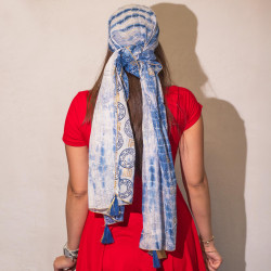 Nomad Sari - Letná Šatka - 180x50cm - Potlač Marbella - Modrá so Zlatý