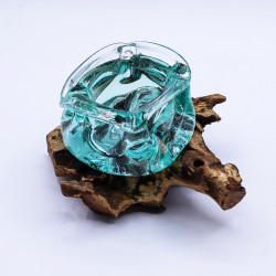 Popolník/Svietnik z Roztaveného Skla na Dreve