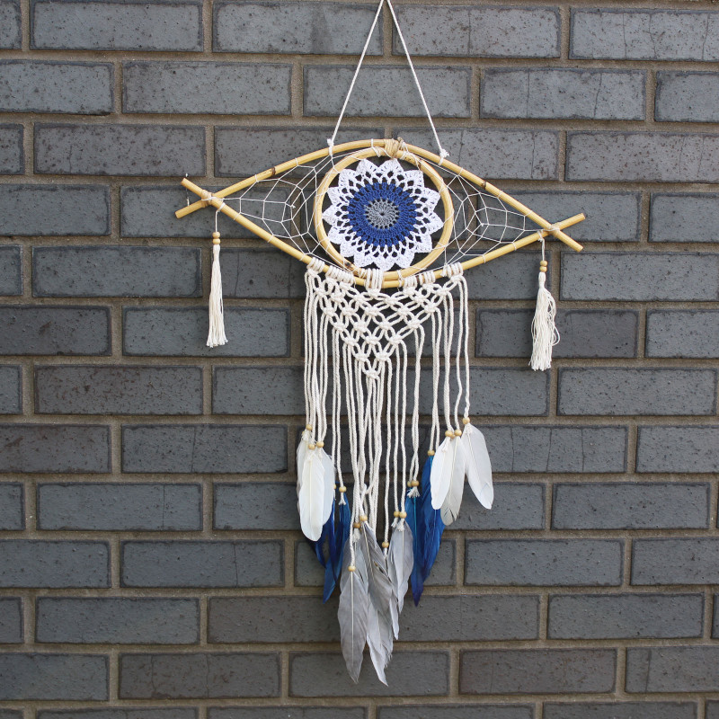 Ochranný Lapač Snov - Stredný - Macramé - Biela / Modrá / Šedá