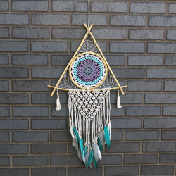 Ochranný Lapač Snov - Veľký - Macramé - Pyramída Biela/ Tyrkysová