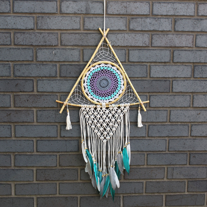 Ochranný Lapač Snov - Veľký - Macramé - Pyramída Biela/ Tyrkysová