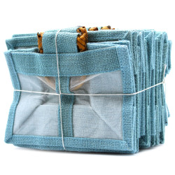 10x Darčekové Tašky z Juty a Bavlny - 2 Okienka- Modré