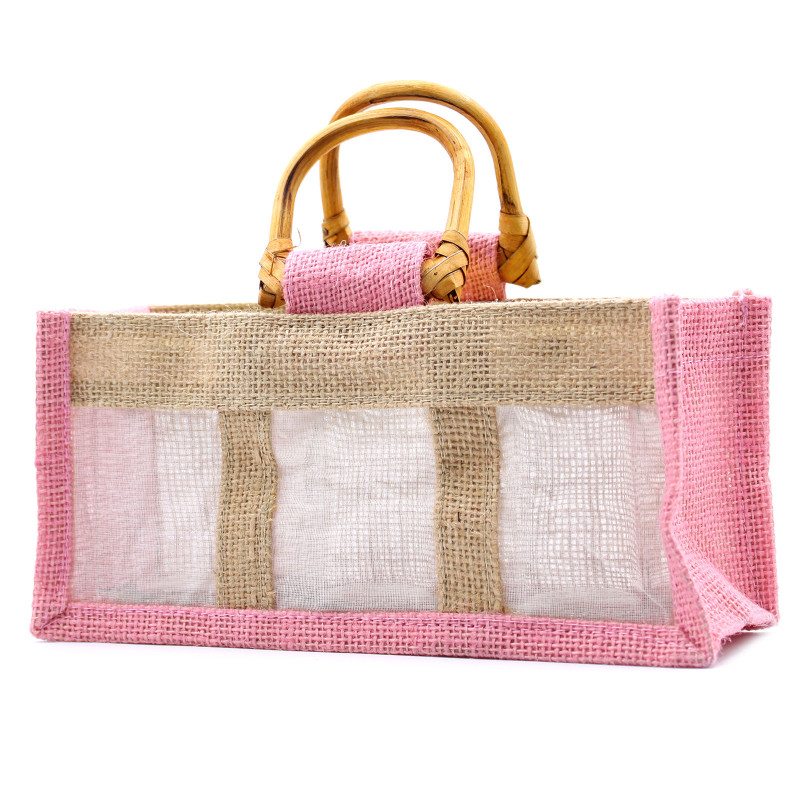 10x Darčekové Tašky z Juty a Bavlny - 3 Okienka - Ružové