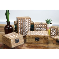 10x Drevené Krabičky - Biela Vymývaná - Aztécky Vzor - Malé