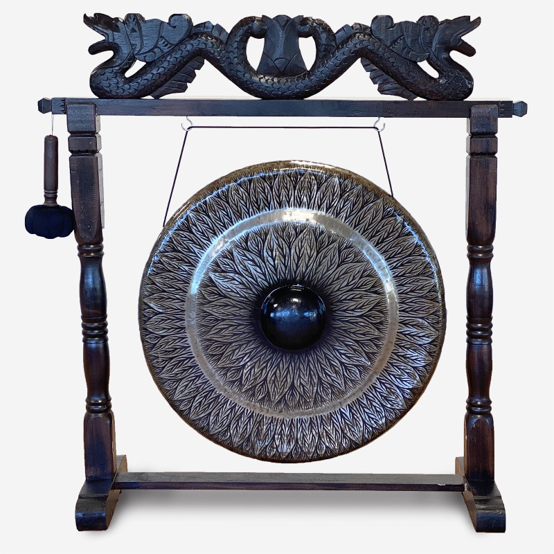 Veľký Gong s Hnedým Antickým Stojanom - 80cm - Čierny - Vzorovaný