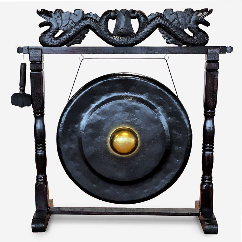 Veľký Gong s Hnedým Antickým Stojanom - 80cm - Čierny