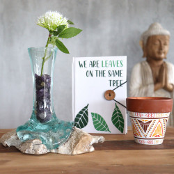 4x Roztavené Sklo na Dreve - Biela Vymývaná - Malá Váza