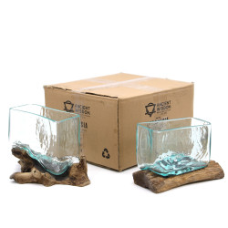 2x Roztavené Sklo na Dreve - Veľká Hranatá Misa