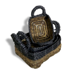 Štvorcový Košík z Banánového Listu a Čiernej Raffie - Súprava 3 kusov